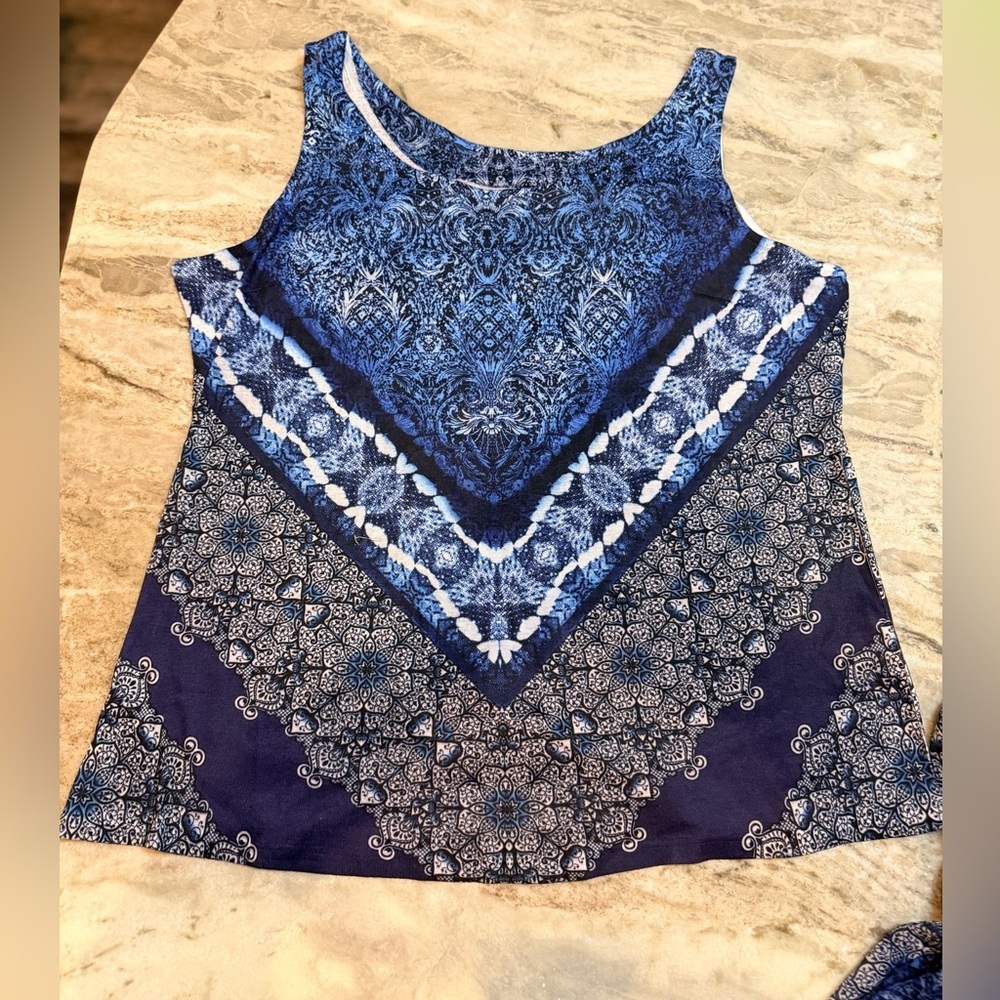 One World Boho Rhinestone Blouse Womens XL Blue Printed Top and cover - Picture 5 of 8